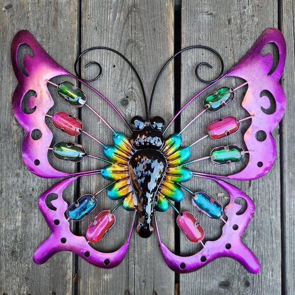 15" L Iridescent Metal Butterfly With Glass Embellishments Wall/Fence Decor - Picture 1 of 3